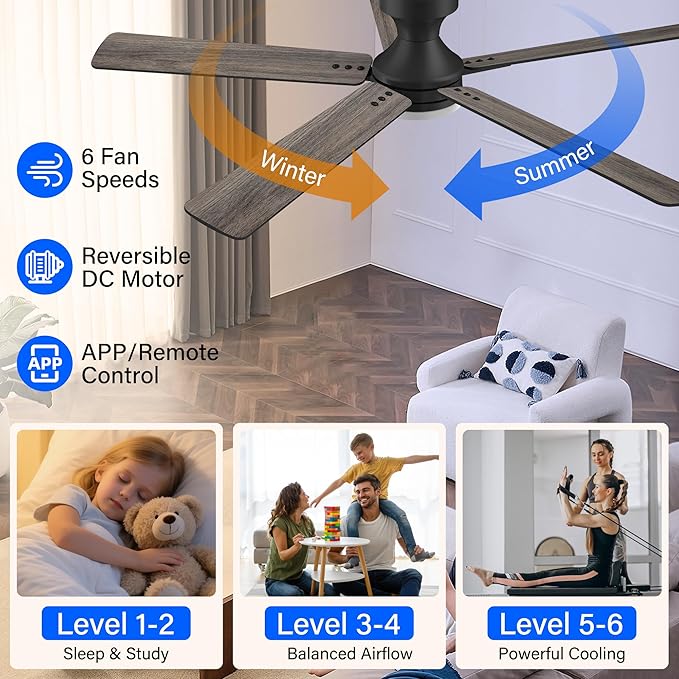 52 Inch Ceiling Fans with lights,RGB Low Profile Ceiling Fan with Light and Remote Control,APP,Black Flush Mount Ceiling Fans for Small Bedroom,Patio,Porch,Outdoor Indoor Use,5 Blades,Dimmable,Quiet