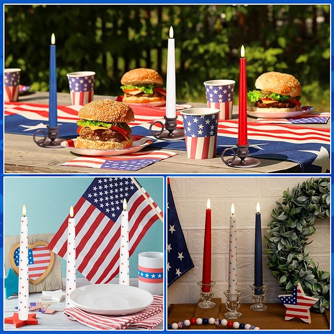 Patriotic Flameless Taper Candles With 3D Wick - 9.6" Real Wax Red White and Blue With Remote and Timer - 4th of July LED Battery Operated Fake Candles, 3 Pack