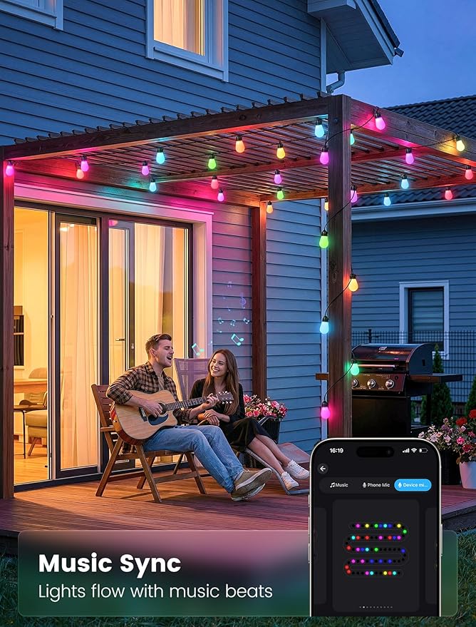 woohaha Outdoor String Lights,45FT Smart RGB+IC+Warm White Outdoor Patio Lights with 19 Dimmable LED Bulbs, IP65 Color Changing Light with APP Control&2.4G Remote,for Outside Backyard Decor