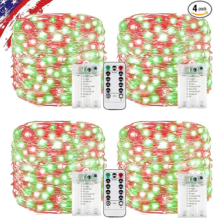 4Pack 80FT 240LED Fairy Lights Battery Operated with Remote & Timer 8 Modes Twinkle String Lights Battery Powered Indoor Outdoor Waterproof for Bedroom Wedding Classroom Christmas Décor, Red & Green