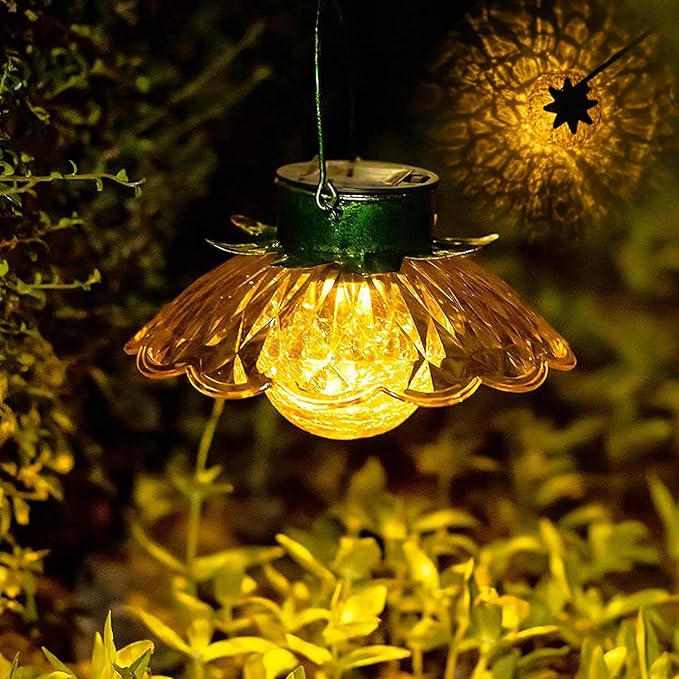 XUWEN Hanging Solar Lantern Outdoor - Yellow Solar Flower Lights with Crackle Globe Glass, Hanging Lanterns Decorative Outdoor for Walkway Pathway Patio Yard, Christmas Housewarming Gifts for Women.