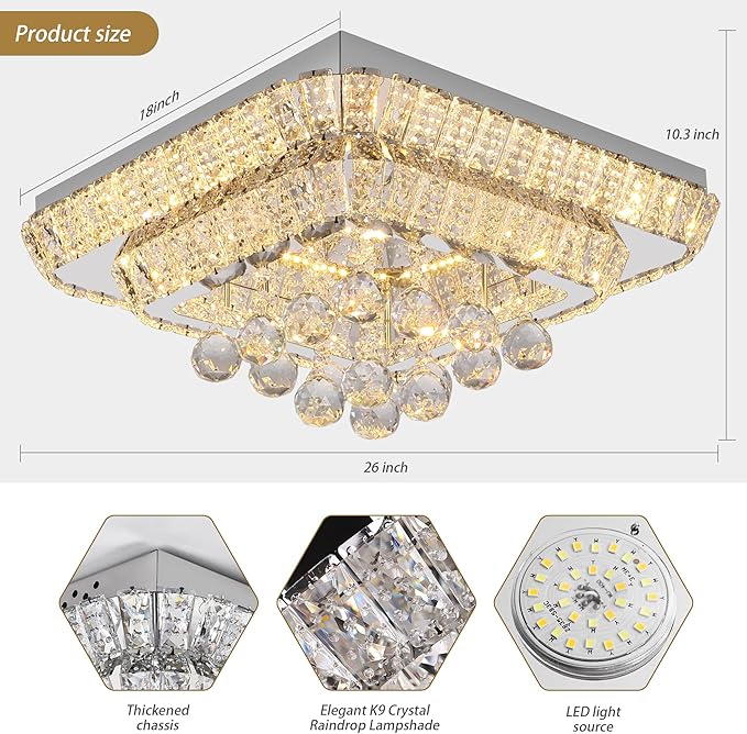 18" Crystal Ceiling-Light Flush Mount with Remote Control and APP, 3 Colors Temp & Brightness Adjustable, Modern Crystal Raindrop Chandeliers for Bedroom Hallway Dinning and Living Rooms-square