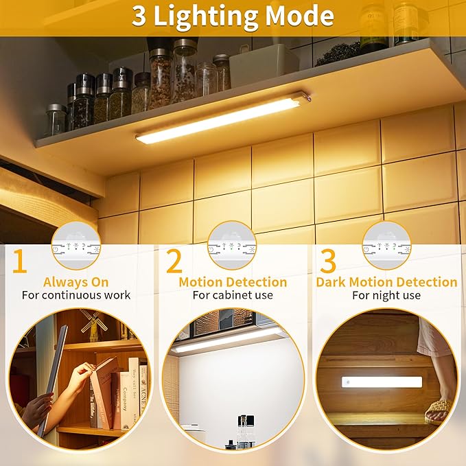 Wireless Under Cabinet Lighting 12 Inch 3 Pack, Magnetic Motion Sensor Light Indoor USB C Rechargeable Closet Lights, 3 Color Dimmable LED Night Light Stick on Under Counter Lights for Kitchen Stairs