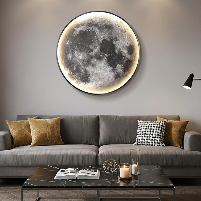 Troartos Dimmable LED Light Moon Wall Art Decor for Living Room, Modern Minimalist Black and White Artwork for Walls, Remote Control Lighted Lamp Wall Decor for Bedroom, Dining Room, Hallway, Office