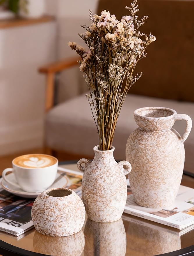Stone Vase Home Table Decor, Beige Ceramic Stone Modern Rustic Farmhouse Vase Set of 3 Centerpiece for Shelf Bedroom Bathroom Desk