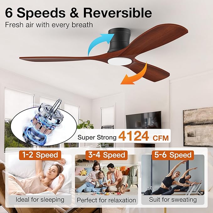 52” Smart Wood Flush Mount Ceiling Fans with Lights Remote,Quiet DC Motor,Outdoor Indoor Low Profile Ceiling Fan,Voice WIFI Alexa App Control,Dimmable,6-speed,for Modern Bedroom Patio