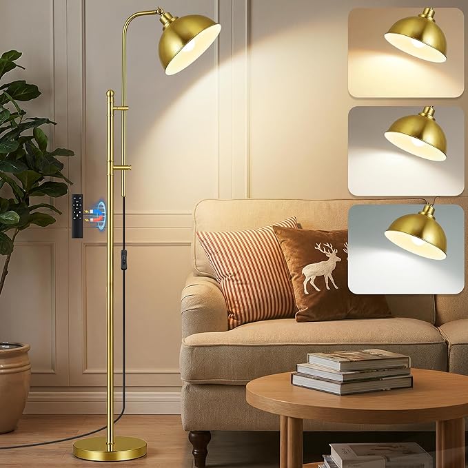 Gold Floor Lamp, Industrial Modern Standing Lamp with Remote Control, 71" Height Adjustable, Finish Rustic Farmhouse Tall Reading Lamp for Bedroom, Over Couch Arched Reading Light