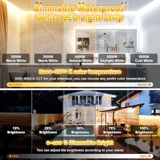 32.8FT Outdoor LED Strip Lights Waterproof IP67, Dimmable 3000K-6500K Warm White LED Rope Lights Outdoor Waterproof with Remote & APP, 24v Adhesive Exterior Lighting for Patio, Deck, Gazebo