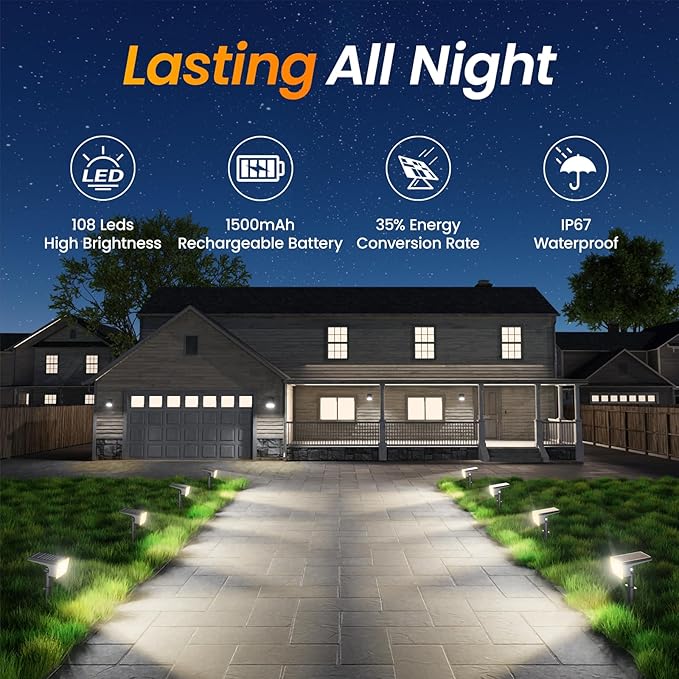 Fabrito 8 Pack Solar Spot Lights Outdoor Waterproof IP67, [108 LEDs, 4 Modes] Dusk to Dawn Spotlights with 1500mAh Battery for All Night, Landscape Lights for Tree, Yard, Pool, Pathway, Cool White