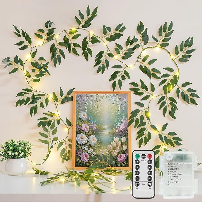suddus Willow Vine with Fairy Lights Battery Operated, 12ft 40 LED Artificial Plants Lights with Remote, Hanging String Lights for Bedroom, Wall, Garden, Party, Wedding Decor (Warm White)