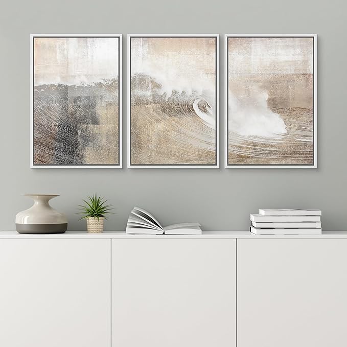 wall26 Framed Canvas Print Wall Art Set Gray & Tan Color Block Ocean Wave Overlay Nature Wilderness Digital Art Modern Art Rustic Scenic for Living Room, Bedroom, Office - 16"x24"x3 White