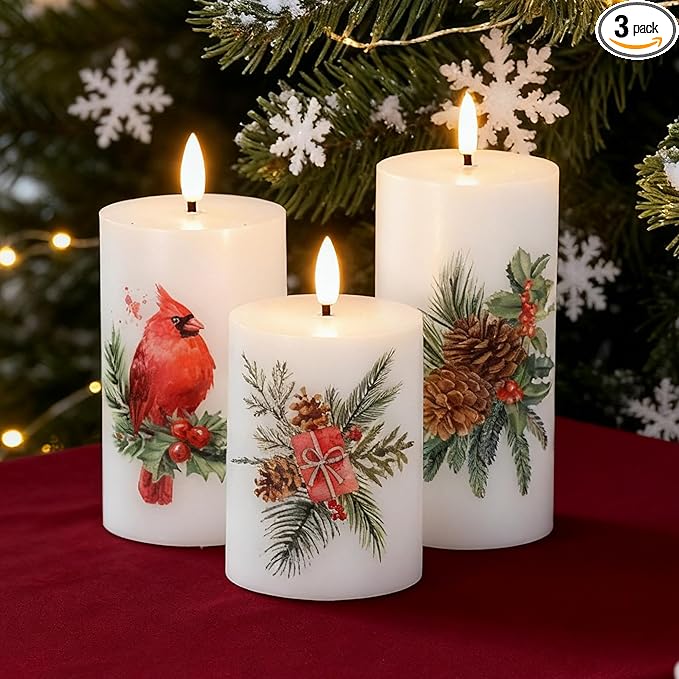 Flameless Pillar Candles with Remote, 3 Pack Battery Operated Real Wax LED Candles, Perfect for Home Decorations Fireplace Table, Christmas Sticker