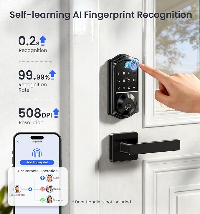 Veise VE017G Wi-Fi Keyless Entry Door Lock, App Remote & Voice Control, Fingerprint Smart Locks for Front Door, Touchscreen Electronic Keypad Deadbolt, Auto Lock, Emergency Power Port, Matte Black
