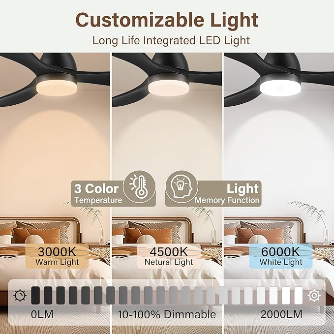 42" Smart Wood Ceiling Fans with Lights,Flush Mount Ceiling Fan with Remote,Alexa,APP,Quiet DC Motor,Modern Low Profile Fan for Bedroom,Living Room,Patio,Outdoor Indoor Use,Black,Dimmable,6 Speed