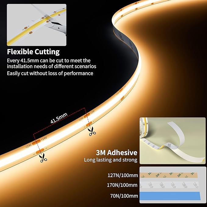 PAUTIX COB LED Strip Light 20ft/6.1m 3000K Warm White 3087LEDs,High Lumen CRI90+ Super Bright,Lead-free Material DC24V Flexible LED Tape for Home&Office DIY Lighting Project(Power Supply Not Included)
