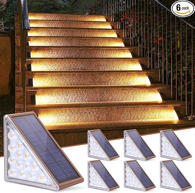 NIORSUN Outdoor Stair Lights 6 Pack, Solar Step Lights IP67 Waterproof with 13 Bright LEDs, 3000K Warm White, Auto On/Off, Triangular Design for Steps, Deck, Patio, Yard, Porch, Sidewalk