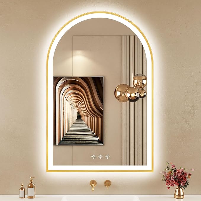 24"x36" Arched LED Mirror for Bathroom, Brushed Gold Lighted Bathroom Mirror with Lights, Fogless, Dimmable, Shatterproof, Touch Sensor, 3 Color Changing
