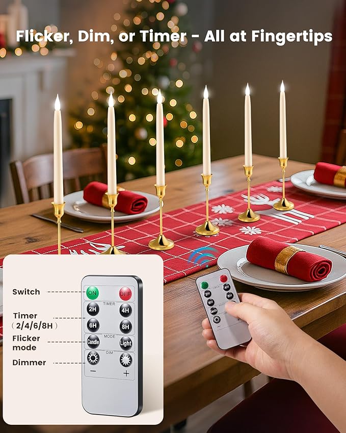 SURAIELEC 10.5'' Flameless Ivory Taper Candles, Battery Operated Candle with Remote, Timer, Dimmer, 5000K Cool Clear White, Realistic LED Candle for Party, Halloween & Christmas Decoration, 6 Pack