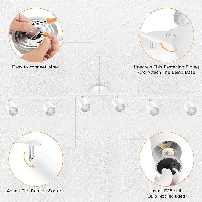 BoostArea LED 6 Light Track Lighting Kit, White 6 Way Ceiling Spot Lighting, Flexibly Rotatable Light Head for Kitchen, Living Room, Bedroom, GU10 Bulb Not Included