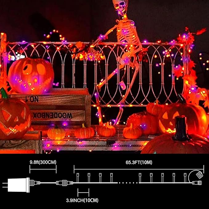 LAMPHOME 33ft Halloween Decorative Mini Lights, 100 LED Transparent Wire Fairy Starry String Lights Plug in, 16 Lighting Modes, for Halloween Decoration Outdoor Party Decoration (Orange and Purple)