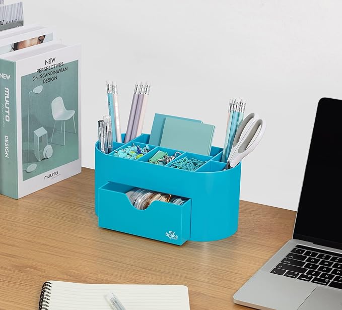 My Space Organizers Blue Desk Organizer for Office Supplies and Desk Accessories - Pen Holder Desktop Organization for Room College Dorm Home School (Blue)
