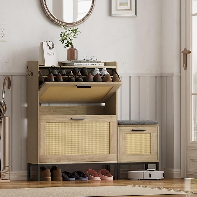 Maupvit Shoe Storage Cabinet with Bench,Rattan Entryway Shoe Storage Bench with 2 Flip Drawers and Hanging Hooks,Narrow Slim Shoe Cabinet for Entryway,Living Room,Hallway,Natural Oak