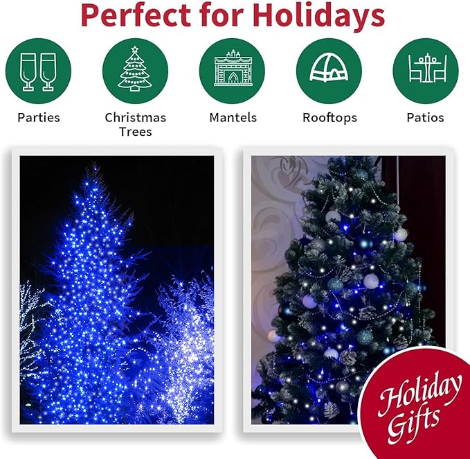 LAMPHOME 165FT 500 LED Blue White String Lights, 16 Modes Plug in Mini Fairy Lights, Waterproof Outdoor Christmas Lights for Hanukkah Xmas Tree Garland Bedroom Ocean Party July 4th Patriotic Decor