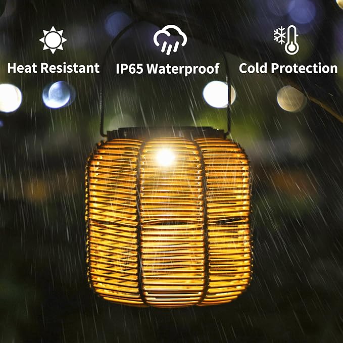 Solar Outdoor Rattan Lanterns, Decorative Hanging Lights for Patio Garden Backyard （Two Pack）(Style 2)