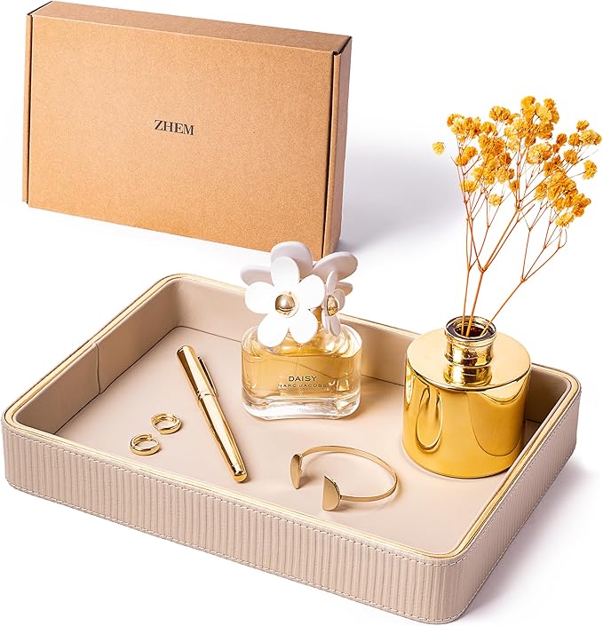 Perfume Tray Valet Tray Night Stand Bedside Organizer| Perfume Organizer Catchall| Perfume Trays for Dresser Vanity Tray for Dresser Countertop| Perfume Holder Nightstand Organizer Women (Beige)