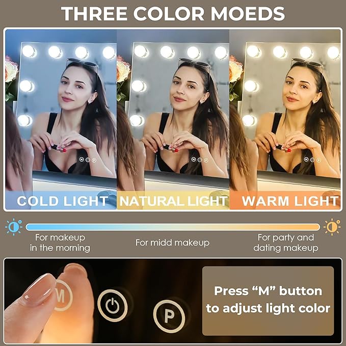 Vanity Mirror with Lights, Hollywood Lighted Makeup Mirror with 12 Dimmable LED Bulbs for Dressing Room & Bedroom, 3 Light Modes，Slim Metal Frame Design, AC-Powered, White