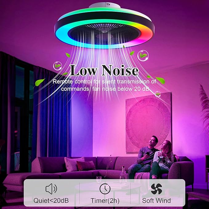 Smart Ceiling Fans with RGB Lights Remote - 20'' Flush Mount Low Profile Modern Ceiling Fans for Bedroom - Stepless Color Temperature and 6 Speeds - White