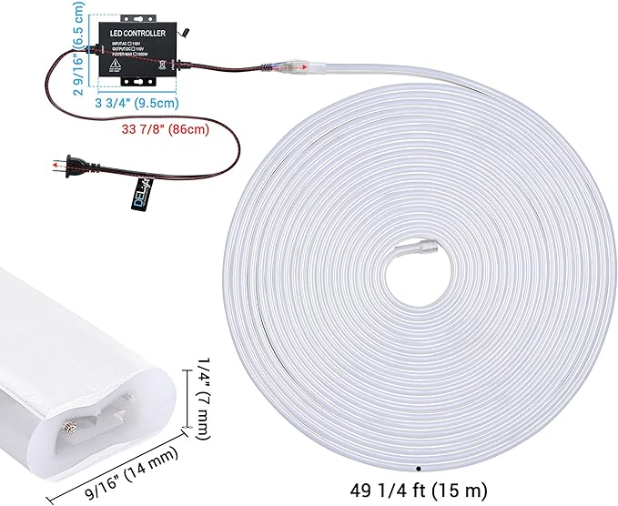 DELight AC 110-120V Waterproof IP65 Cozy 2700K Warm White 50ft Neon Rope Lights with Remote Control Dimmable Cuttable Flexible LED Strip Lights Outdoor DIY Retro Vibe DEL-D50W