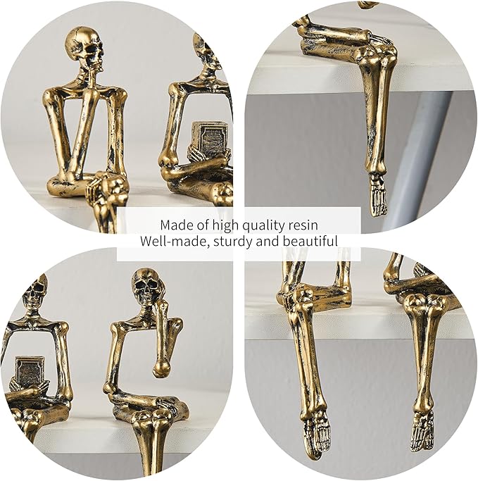 XINXUAN Halloween Decorations Skull Statue Home Decor - Modern Bookshelf & Desk Decor - 3 Piece Set (Retro - Gold)