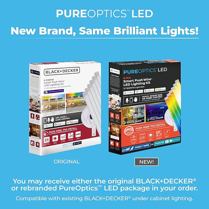 Black+Decker Professional Push Wire® Matter Certified Smart Under Cabinet Lighting Kit, Adjustable White and RGB LEDs, Works with Alexa, Apple Home, Google Home, (6) 12" Bars