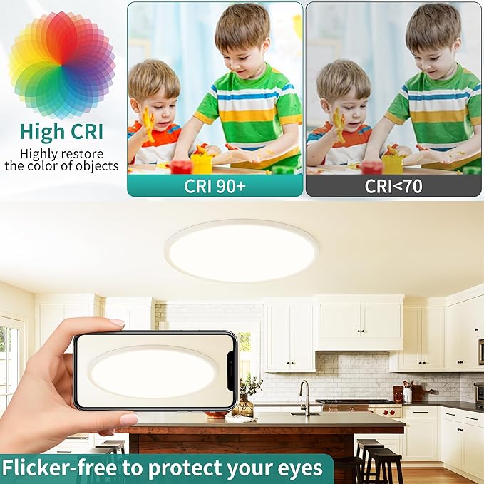 20 Inch LED Flush Mount Ceiling Light,48W Ultra-Thin Modern Round Light Fixture with Remote,Dimmable 3000K-6000K,White,4800LM,Memory & Night Light Mode for Bedroom, Kitchen,Living Room