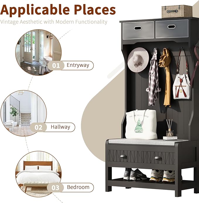 Hall Tree with Shoes Bench, Entryway Coat Rack with Storage Shelves and Drawers, 33.5''W Coat Hanger for Entrance, Hallway (Black)