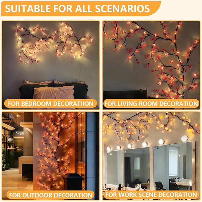 Cherry Enchanted Willow Vine Lights, 4FT 48LED 1PCS Pink Cherry Blossom Tree Branch Lights for Wall, Remote Timer,8 Light Model,Bedroom Wall Doors Wedding, Christmas, USB Battery Box