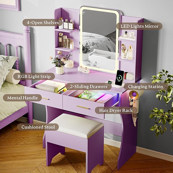 Makeup Vanity Desk with Mirror & Lights, Small Vanity Table Set for Girls with Chair & Power Outlet, Modern Dressing Table with 2 Drawers & 4 Storage Shelves, Adjustable RGB Lighting - Purple
