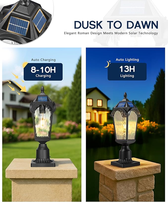 FEMILA Solar Post Lights Outdoor, 17.3" Dusk to Dawn Outdoor Post Lights Aluminum Glass Solar Post Light for Garden Patio Driveway, 4FYX90P-SL BK