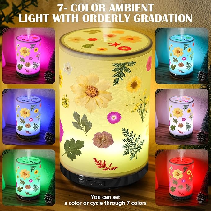 Essential Oil Diffuser Flower Humidifiers Lamp, 250ml 7-Color LED Aromatherapy Diffuser with 3 Mist Modes Auto-Off Floral Night Light Gift for Women Mom Home Office Desk Decor