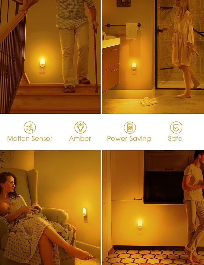 L LOHAS LED Amber Night Light, 2 Pack, Night Lights Plug into Wall Motion Sensor, 0.6W 2000K, LED Nightlights, 30/60LM Adjustable Brightness, Automatic Low Blue Nightlight for Kids, Bathroom, Hallway