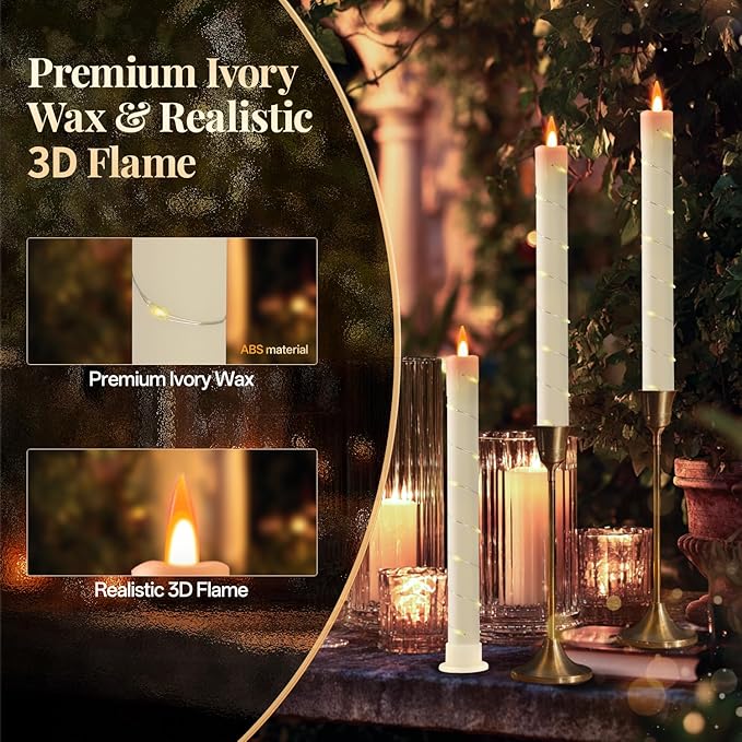 3 Pcs Flameless Taper Candles, Battery Taper Candles Flickering Flame with Embedded Star String, Candle Sticks Battery Powered with Remote Control, Timer Function Ideal for Easter (Ivory)