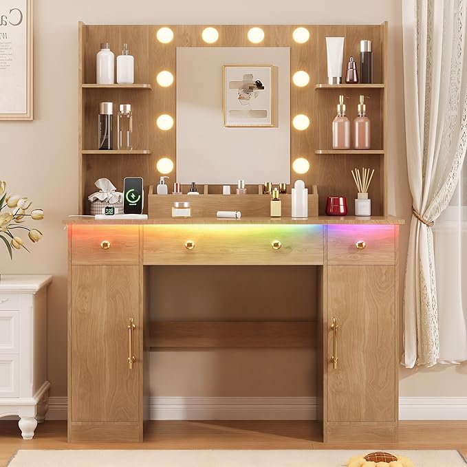 Vanity Desk with Mirror and Lights, Makeup Vanity with Mirror and LED Lights & Power Outlet, 3 Drawers and Cabinets, 3 Lighting Modes Dressing Table Set for Girls Women Bedroom,Oak