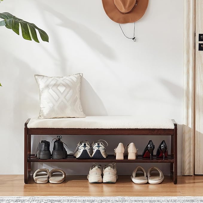 Shoe Rack Bench,2 Tier Solid Wooden Entryway Bench with Shoe Storage, Shoe Rack with Cushion for Living Room, Hallway(Cream White, 39.4")