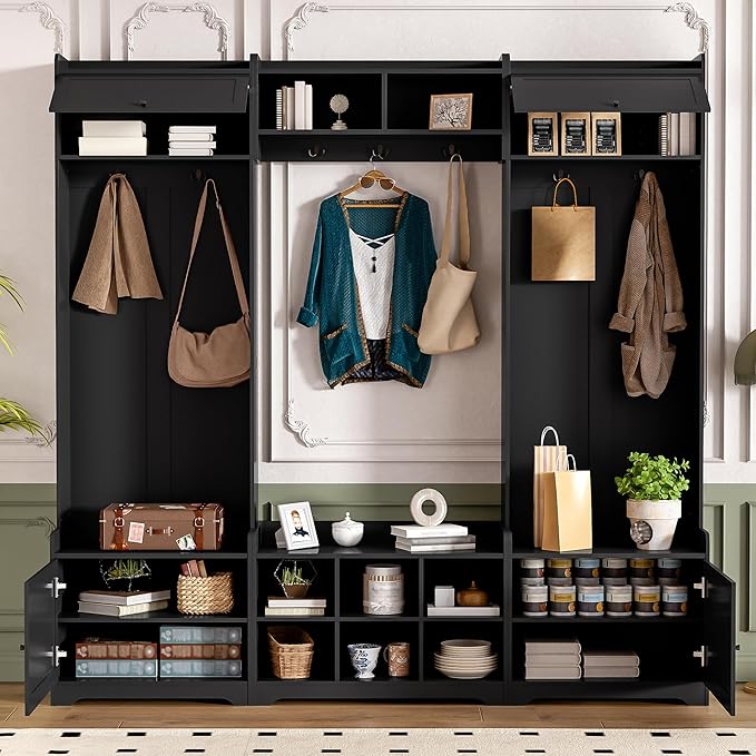 79.1''Wide Modern Hall Tree with Shoe Storage and 7 Coat Hooks, 4-in-1 Entryway Bench with 8 Cubbies and Adjustable Shelf for Hallway, Living Room (Black/78)