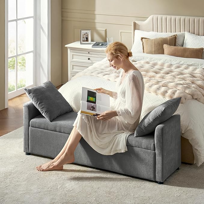 59.5" Modern Storage Ottoman Bedroom Bench, End of Bed Bench with Arms and Throw Pillows, Footrest Stool for Living, Dining Room, Entryway and Hallway, Charcoal