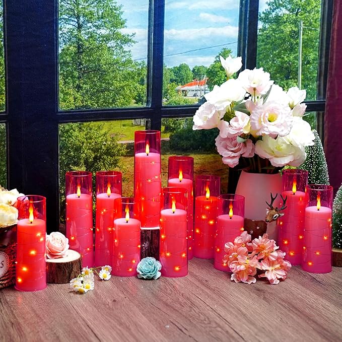 Flameless Candles with Embedded Star String - Battery Operated LED Candles, with Remote,12 Pink Flickering Candles for Christmas, Weddings, Home Decor & Party,(D 2.3"×H 5" 6" 7")