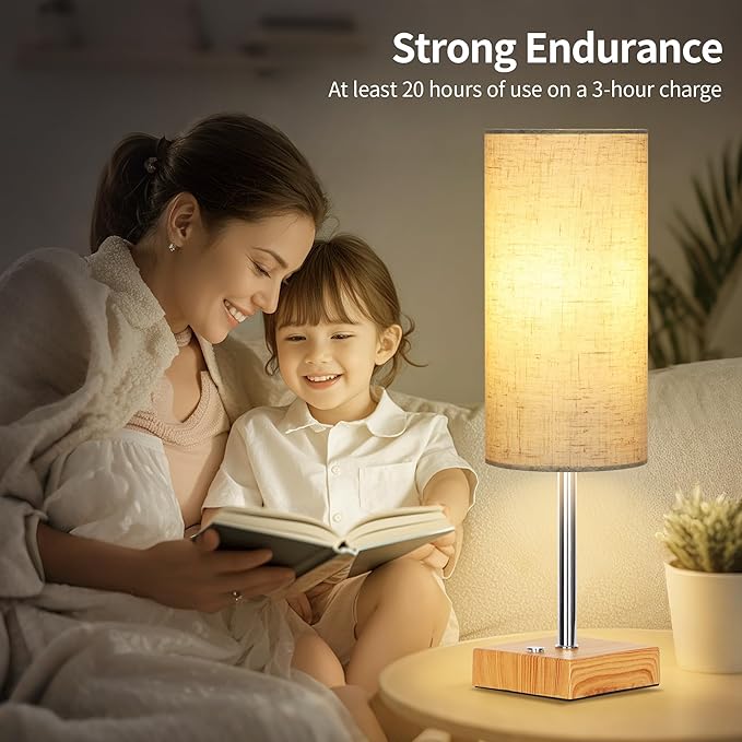 Cordless Table Lamp with Dimmable, Rechargeable 3 Modes Battery Powered Bedside Lamp, rv Essentials Battery Operated Lamps, Touch Lamp for Bedroom, Living Room, Reading Room,15 Inch Beige wood 2PK