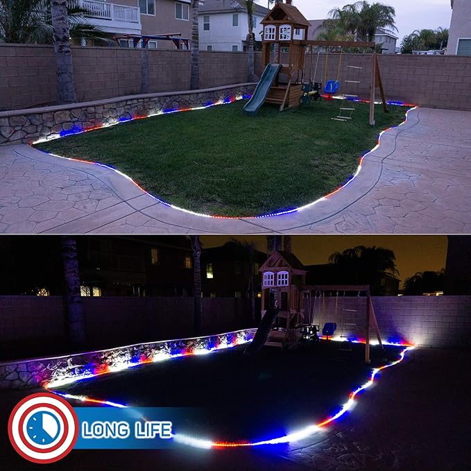 Russell Decor 40ft/12m Led Rope Lights for Patriotic 4th of July Memorial Day Decor Party Outdoor Decorative Lighting Trees Patio Deck Flexible String Tube Lights Blue Red White