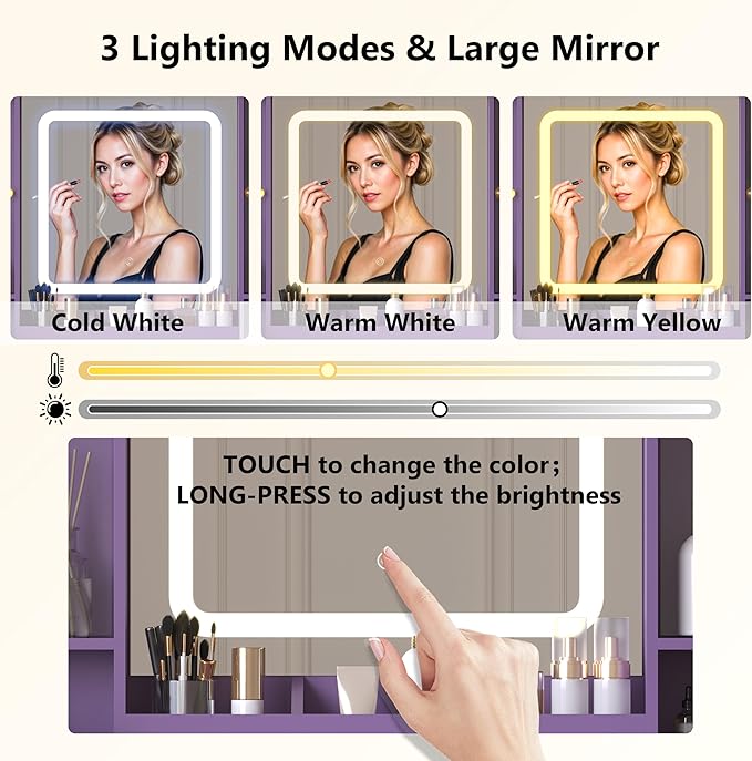 Purple Makeup Vanity Desk with Mirror & Lights, Modern Vanity Table with Charging Station, 7 Drawers, Glass Cabinet, Adjustable Shelves, Bedroom Dressing Table Set for Women & Girls